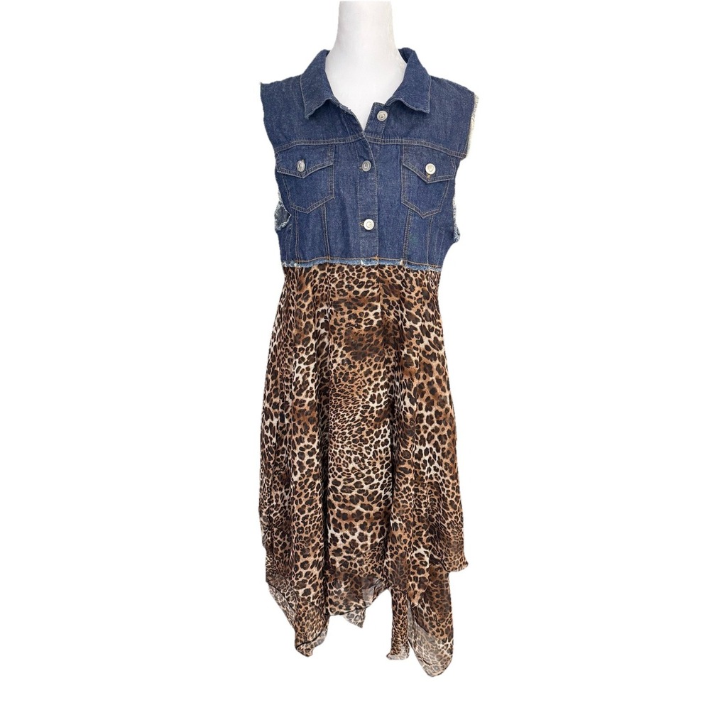 BoHo Western Cheetah Handkerchief Maxi dress Jean Denim Frayed Size Small Medium - Picture 2 of 10